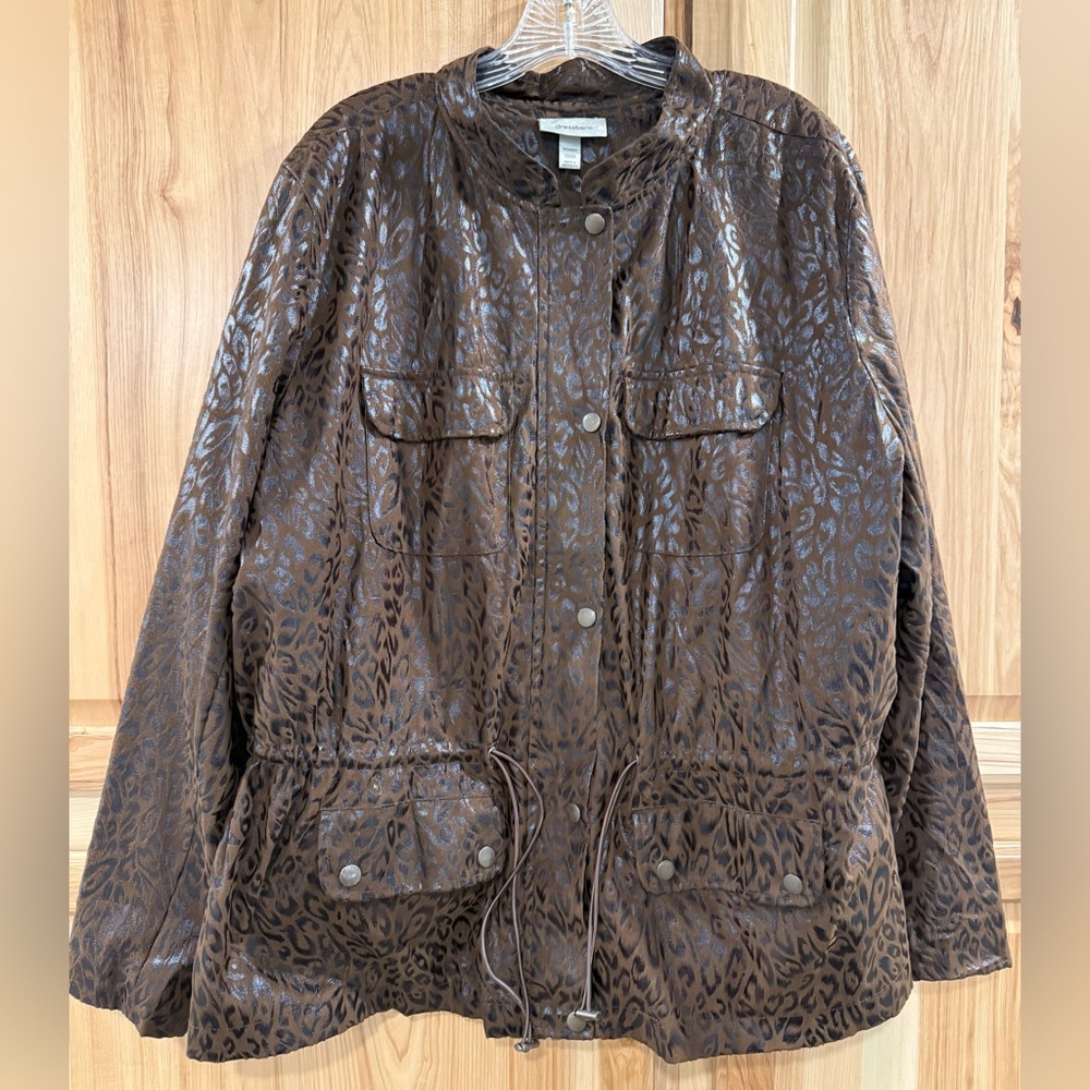 Dressbarn Faux Suede Cinch Waist Brown Leopard Print Utility Jacket Overcoat